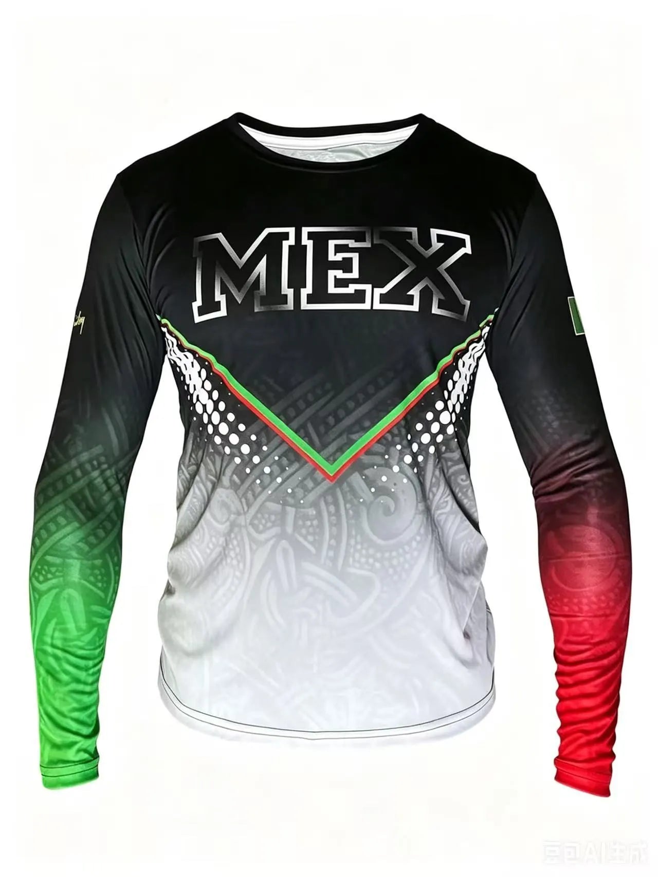 Mexico MEX Themed Gradient Long Sleeve Jersey - Flag Colors Tribal Print