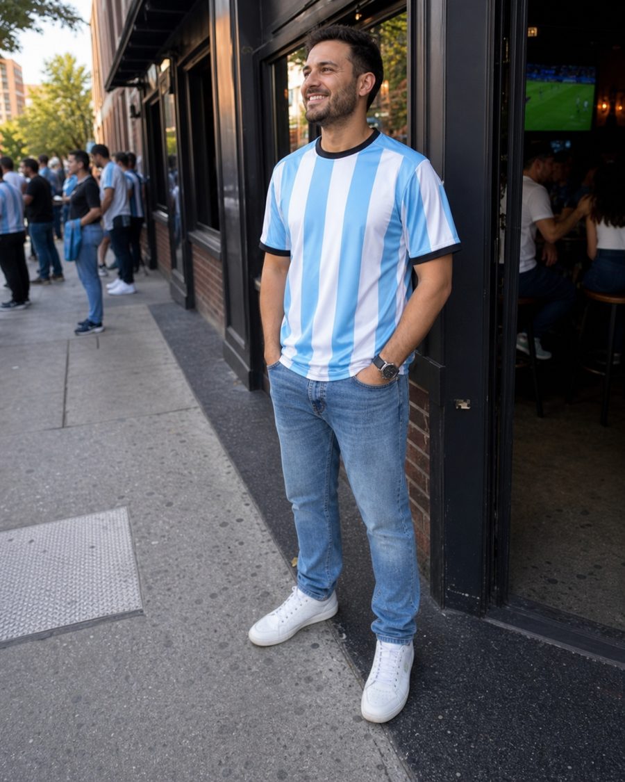 Argentina fan wearing a striped soccer jersey