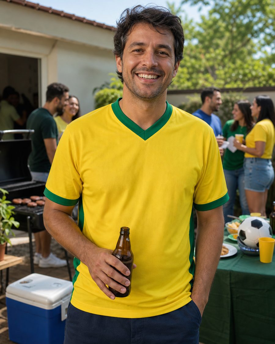Brazil fan wearing a yellow soccer jersey