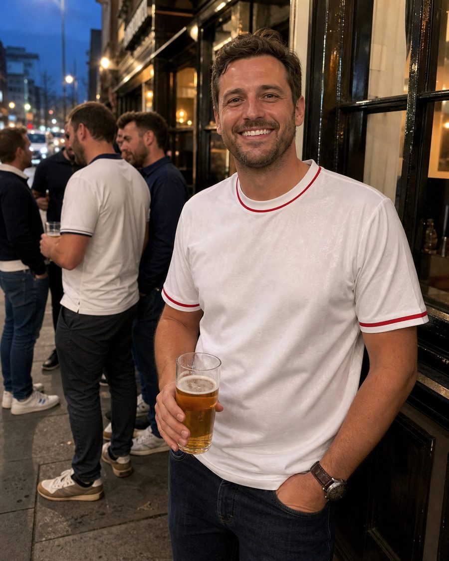 England fan wearing a white soccer jersey
