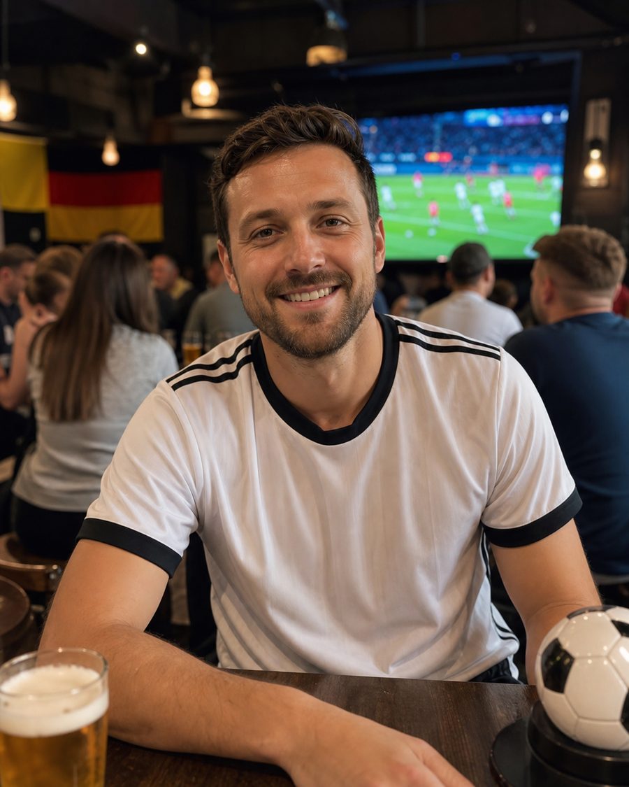 Germany fan wearing a white soccer jersey