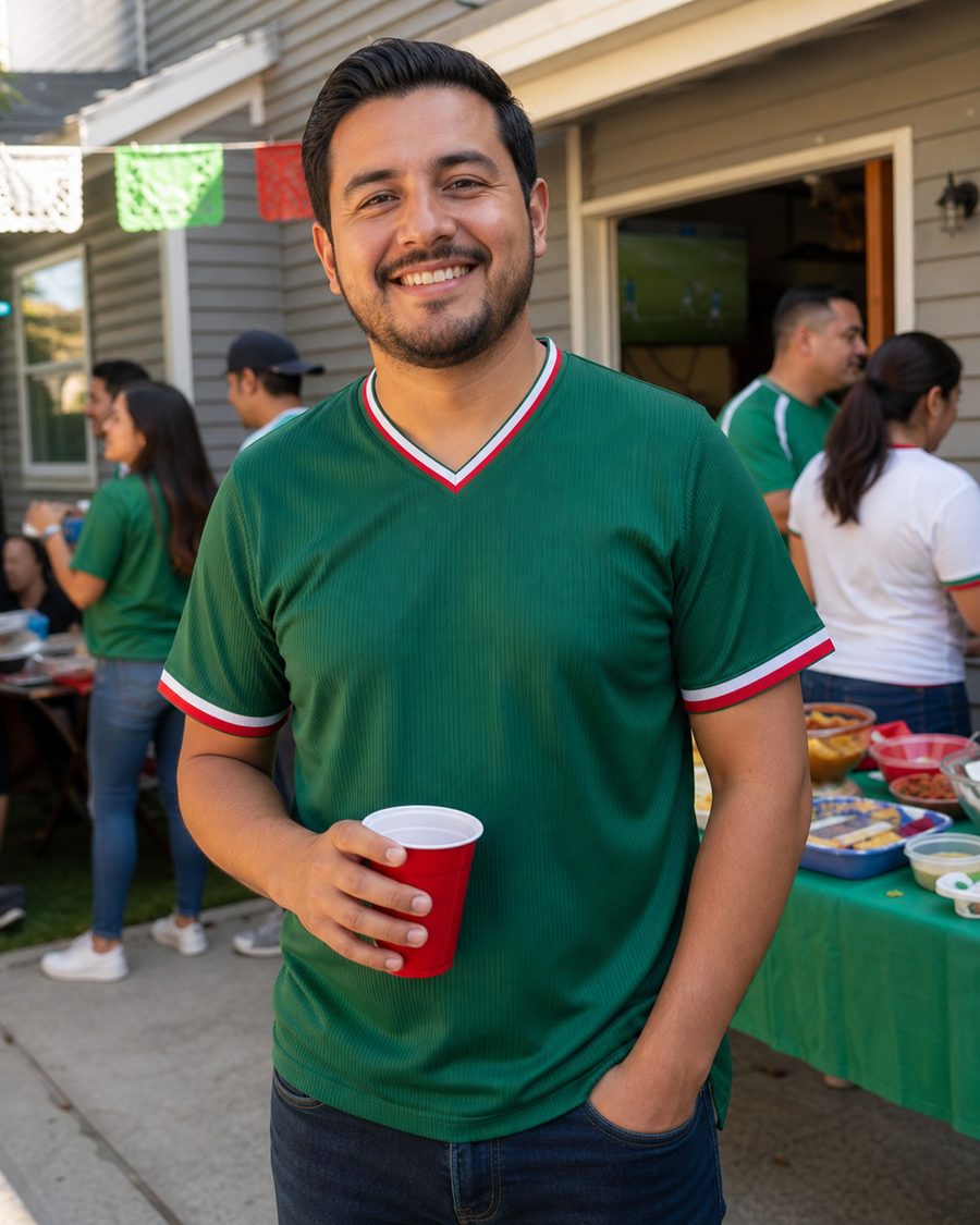 Mexico fan wearing a green soccer jersey