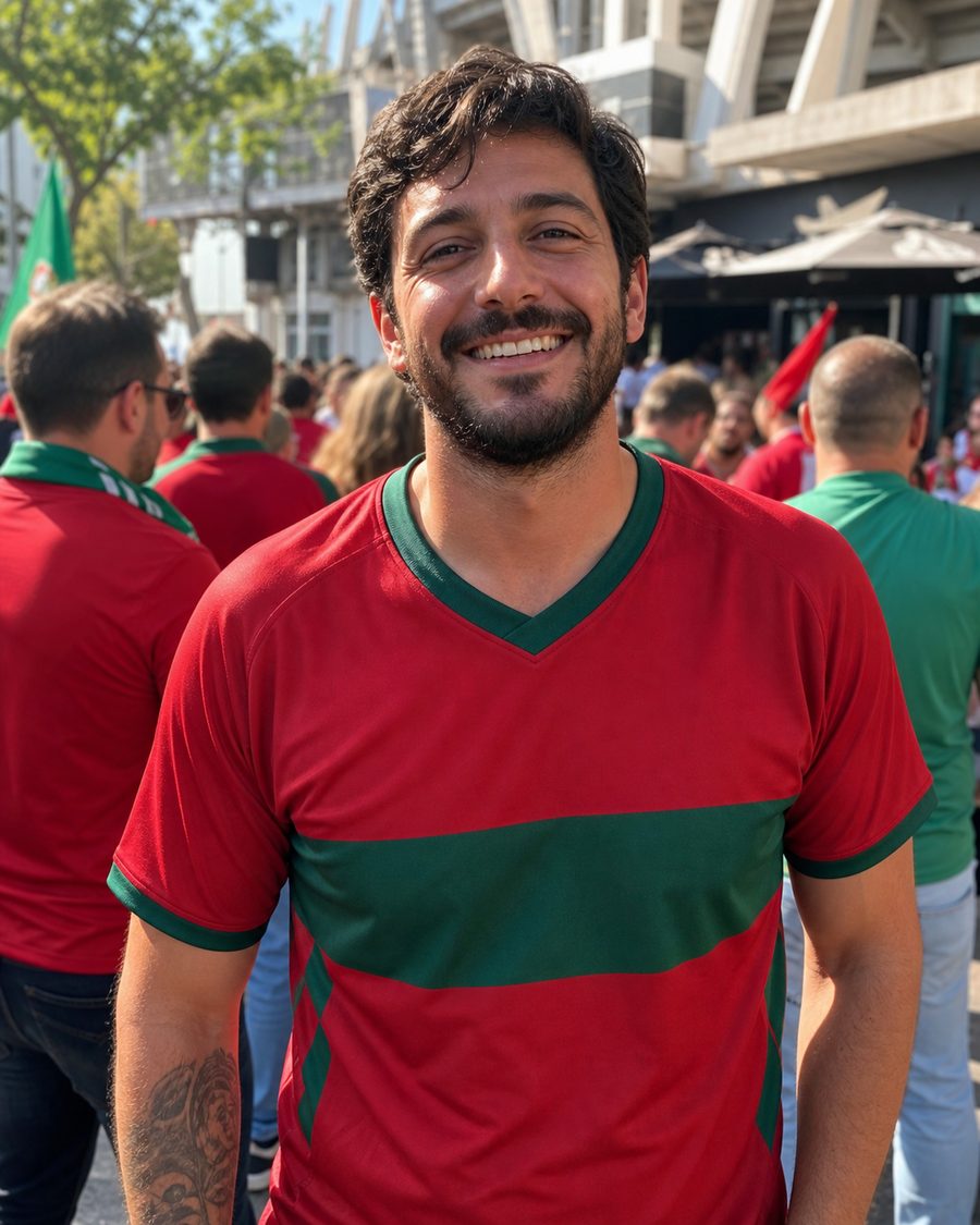 Portugal fan wearing a red and green soccer jersey