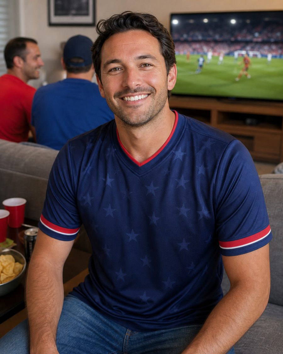 USA fan wearing a navy soccer jersey